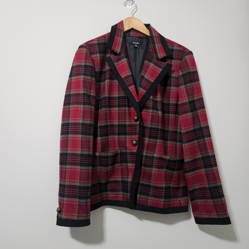 Rafaella Red Black Plaid Wool Blend Blazer Jacket Womens Size 14 Academic Preppy